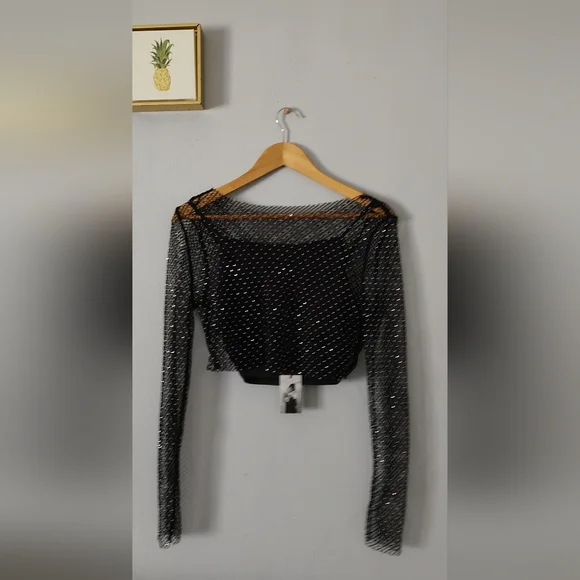 Sincerely Jules Crop top Mesh  Black Shiny Style Sexy  2 Piece New    Medium - Picture 9 of 10